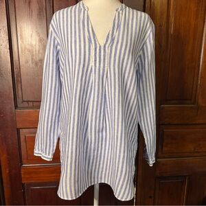 L.L. Bean Blue and White Striped Splitneck Tunic Top Linen Size Medium